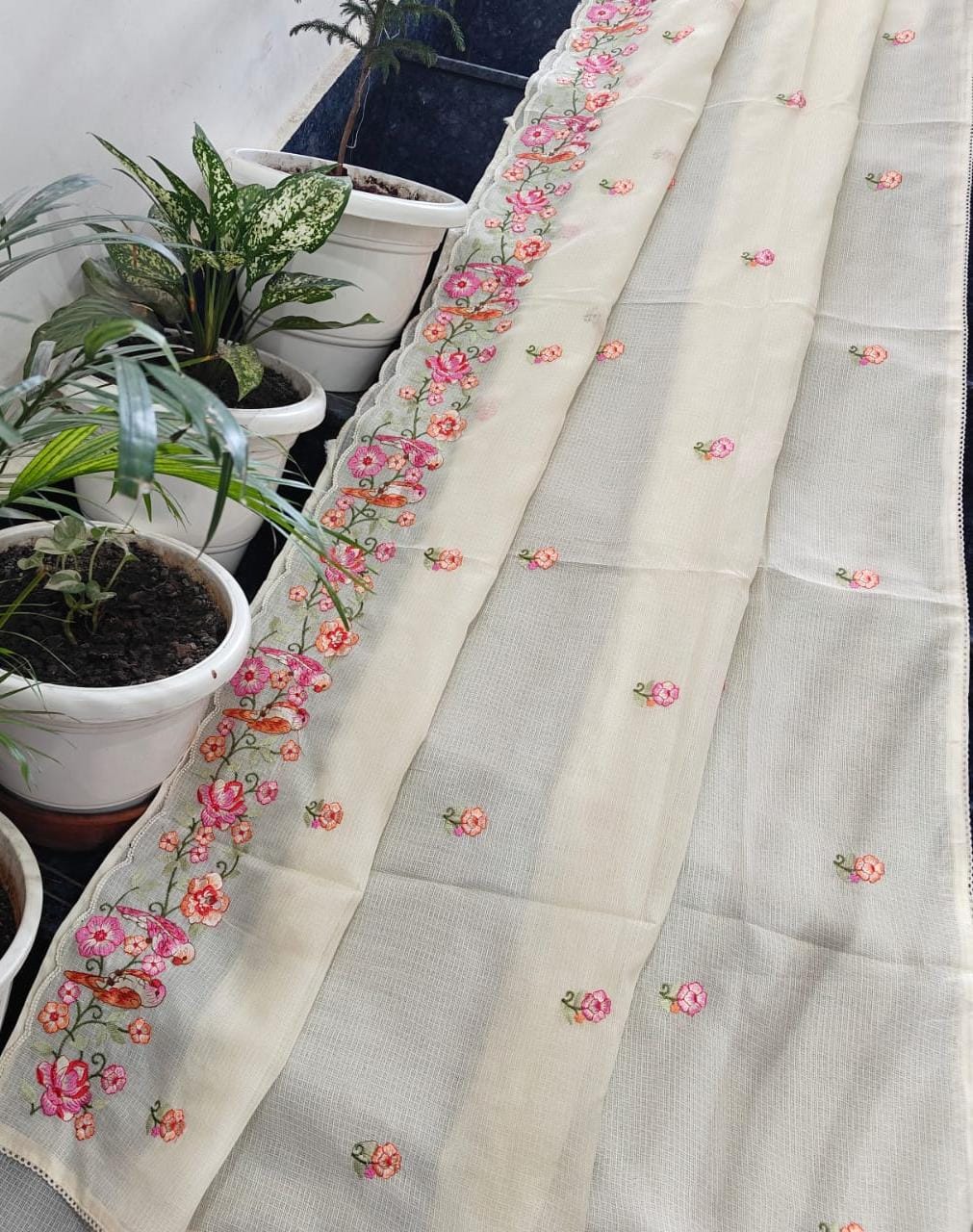 Kota Doria Soft Silk Saree With Embroidery Work