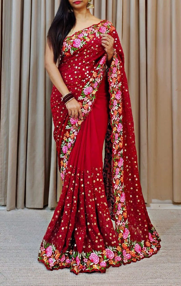 Party Wear Soft Georgette Saree With Multi Color Embroidery Thread & Sequins Work With Blouse