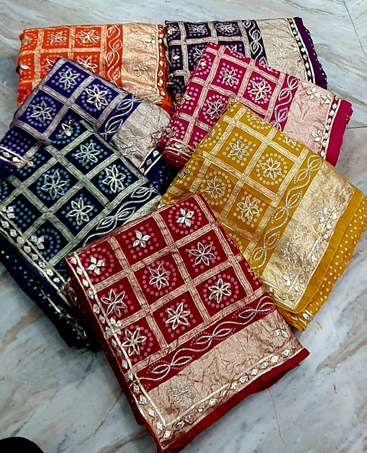 Pure Hand Bandhej Gajji Silk Saree Kachi Gota Patti Work With Hand Work Blouse.