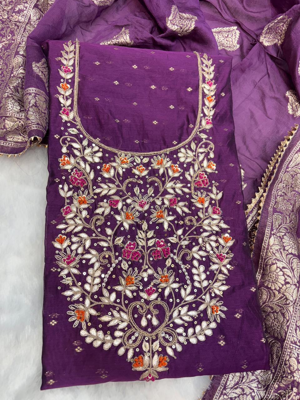 Rich Modal Chanderi With Jacquard Booties Unstitched Suit with Zardogi Work with Dupatta
