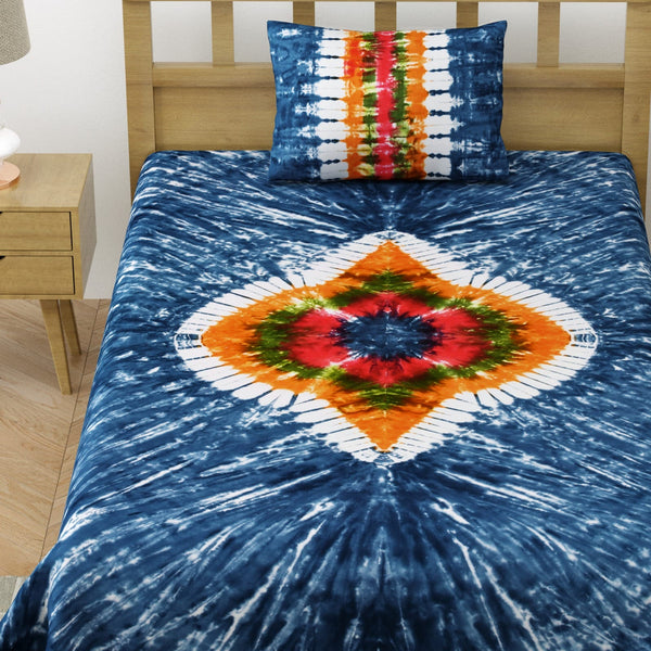 Pure Cotton Tie & Day Print Single Bed Bedsheet With 1 Pillow Cover