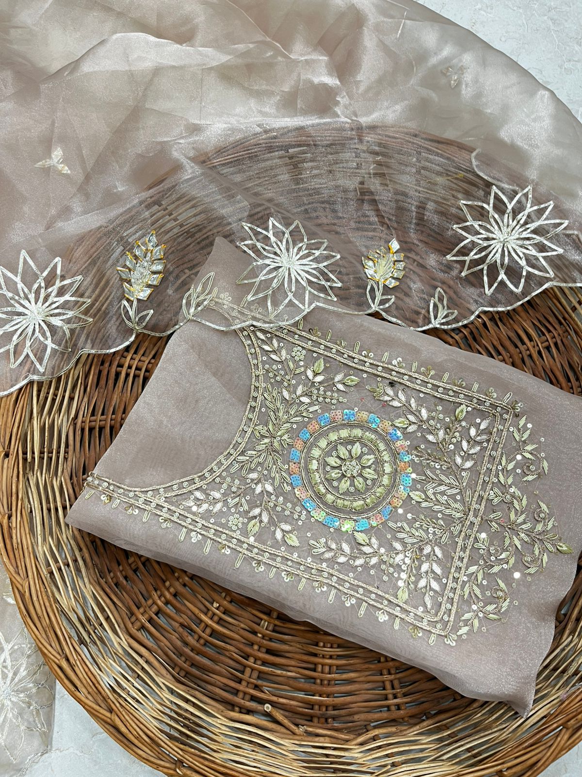 Pure Organza unstitched Suit With Zardogi Work Dupatta Gota Patti Work