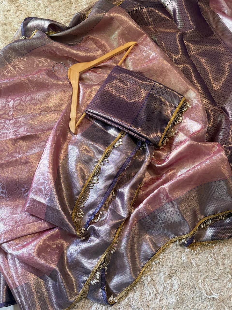 Tissue Silk Saree with Stripe Work and Moti Border