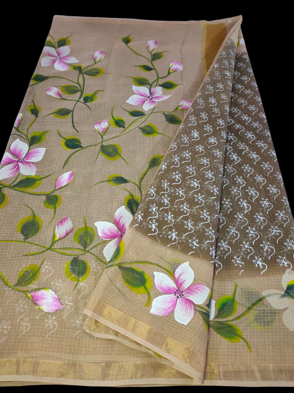 Kota Doria Saree With Hand Bursh Print Work