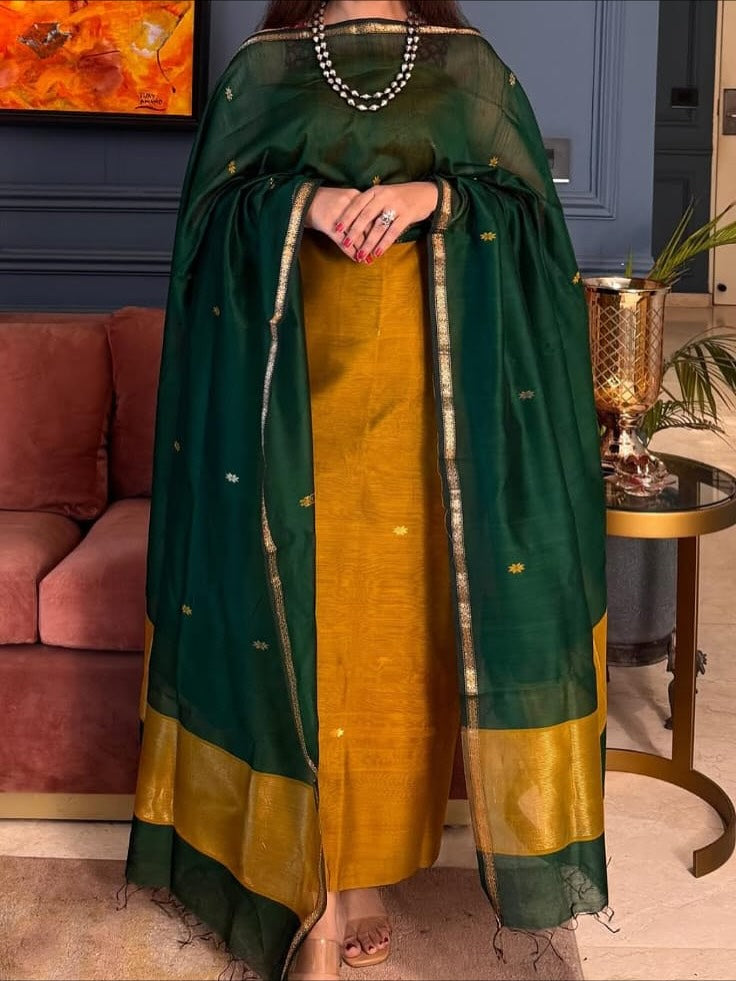 Pure Maheswari Silk Cotton Handwoven Unstitch Suit With Buti