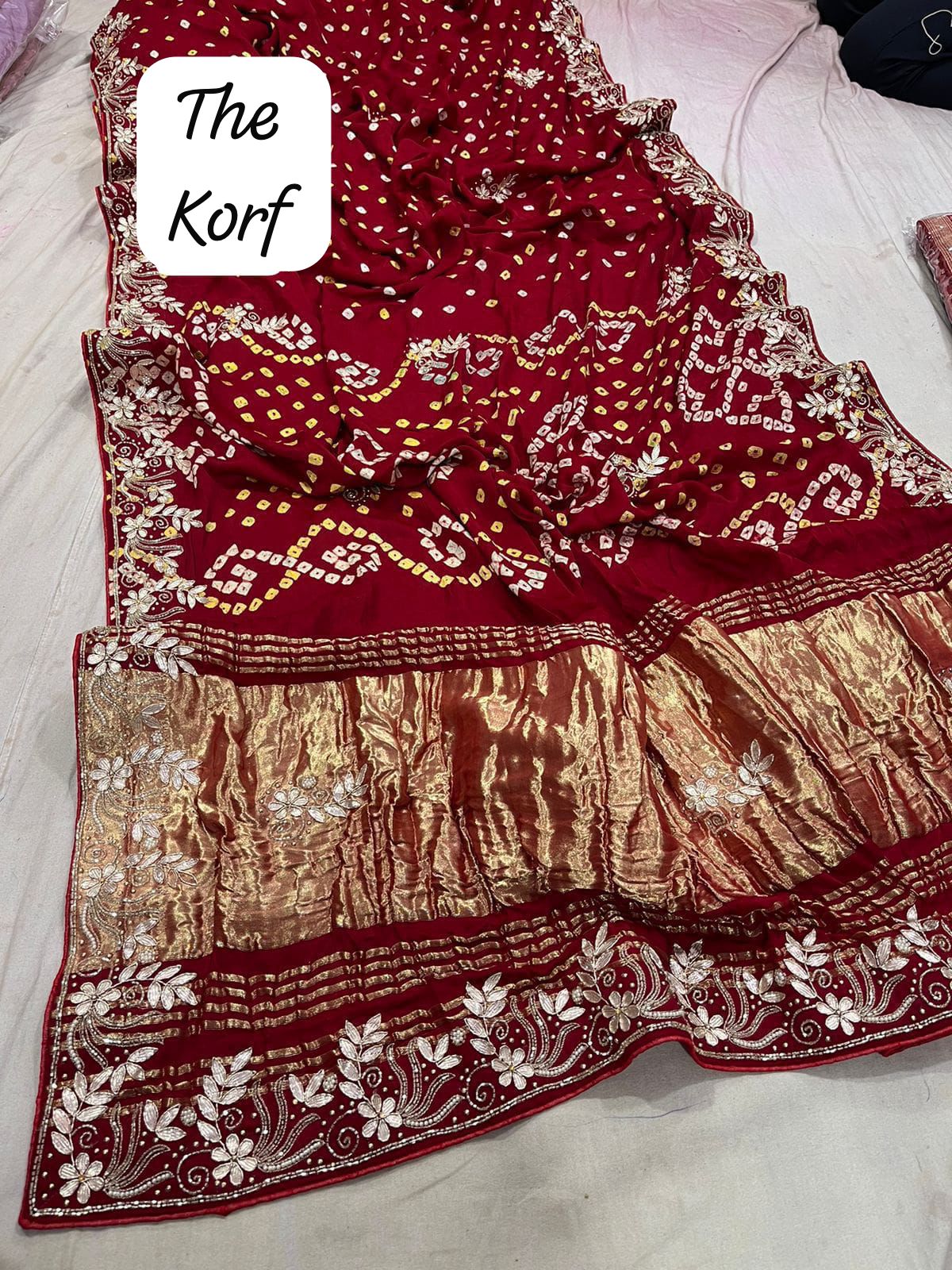 Pure Hand Bandhej Gajji Silk Saree Gota Patti Work With Hand Work Blouse.