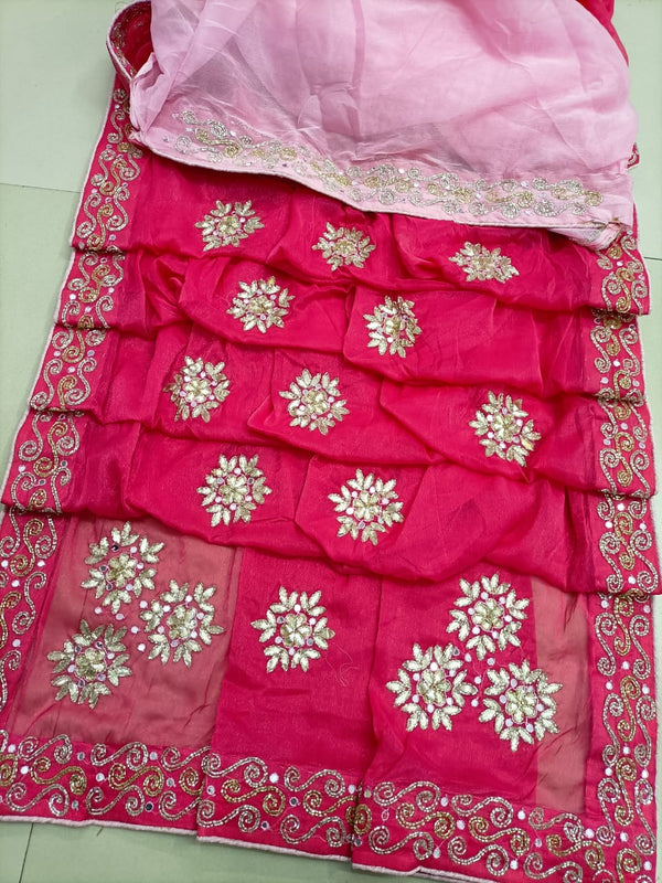 Pure Chiffon Cutdana Mirror Work Saree With Coutrasts Blouse.