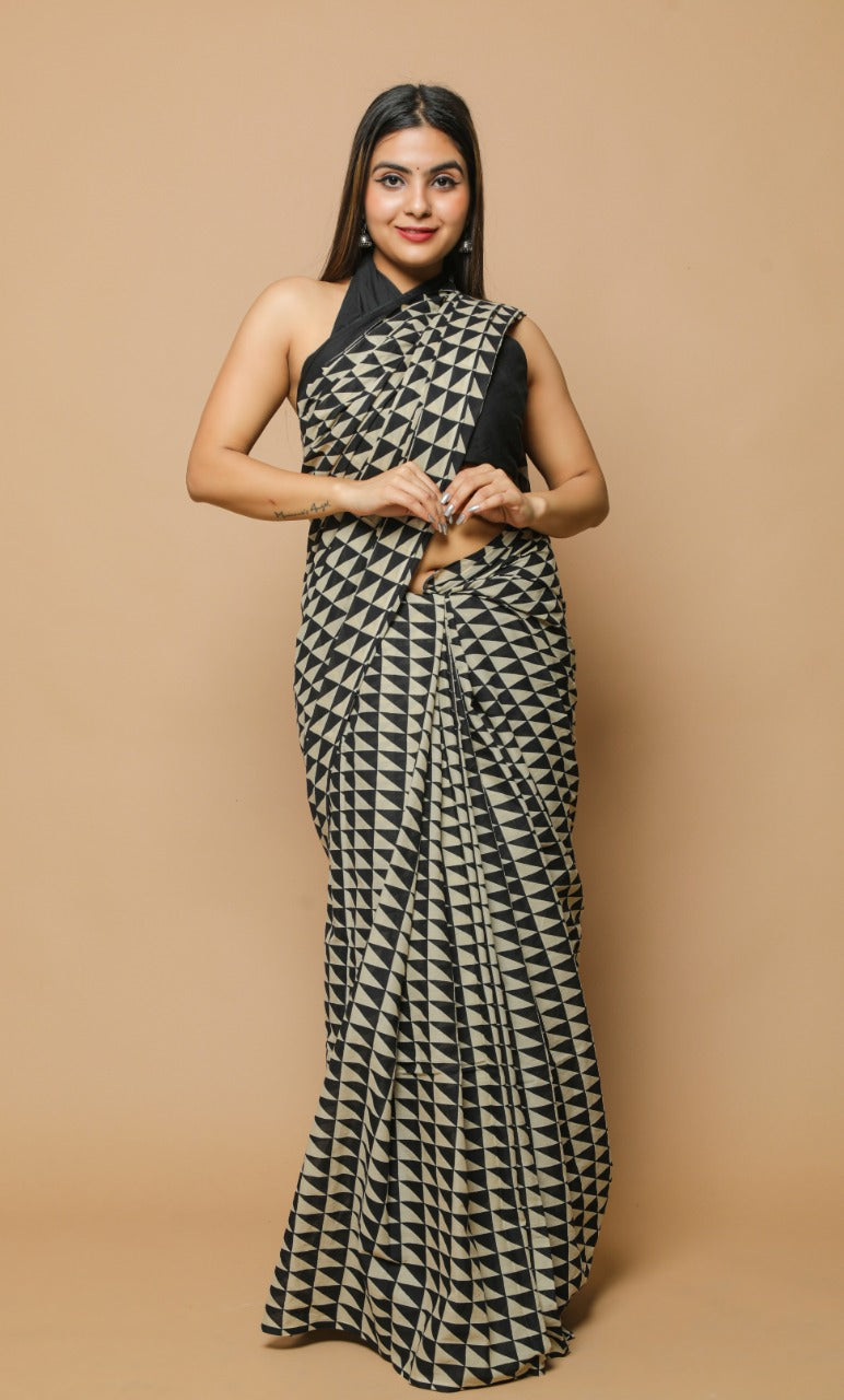 Pure Hand Printed Cotton Sarees With Blouse