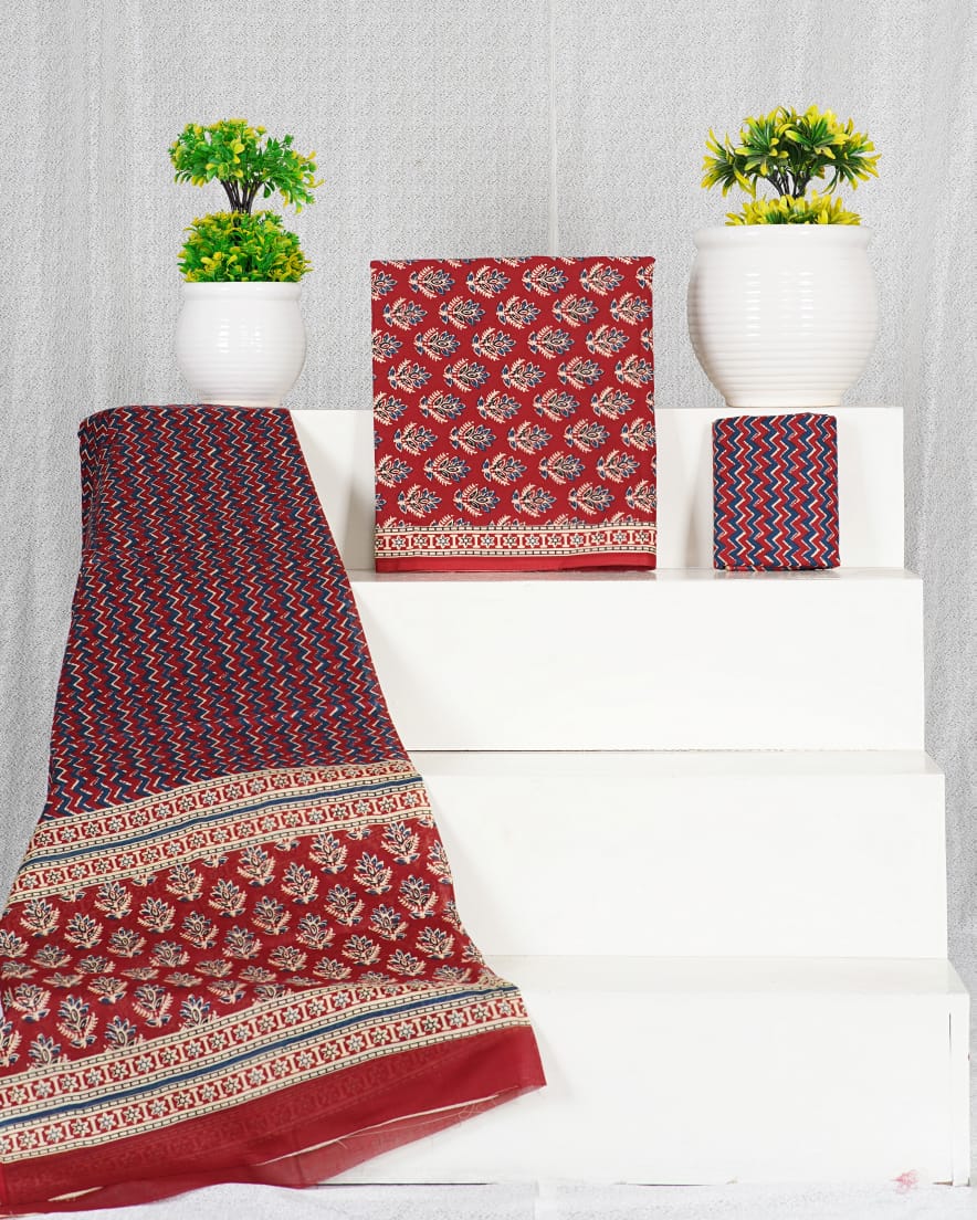 Pure Cotton Hand Block Print Unstitched Suit With Mul Cotton Dupatta.