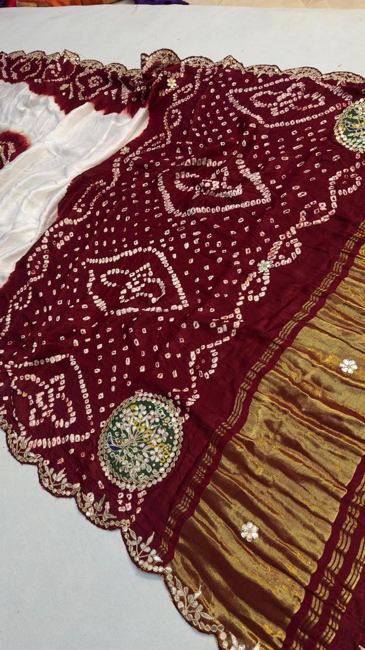 Pure Hand Bandhej Gajji Silk Saree Gota Patti Work With Hand Work Blouse.