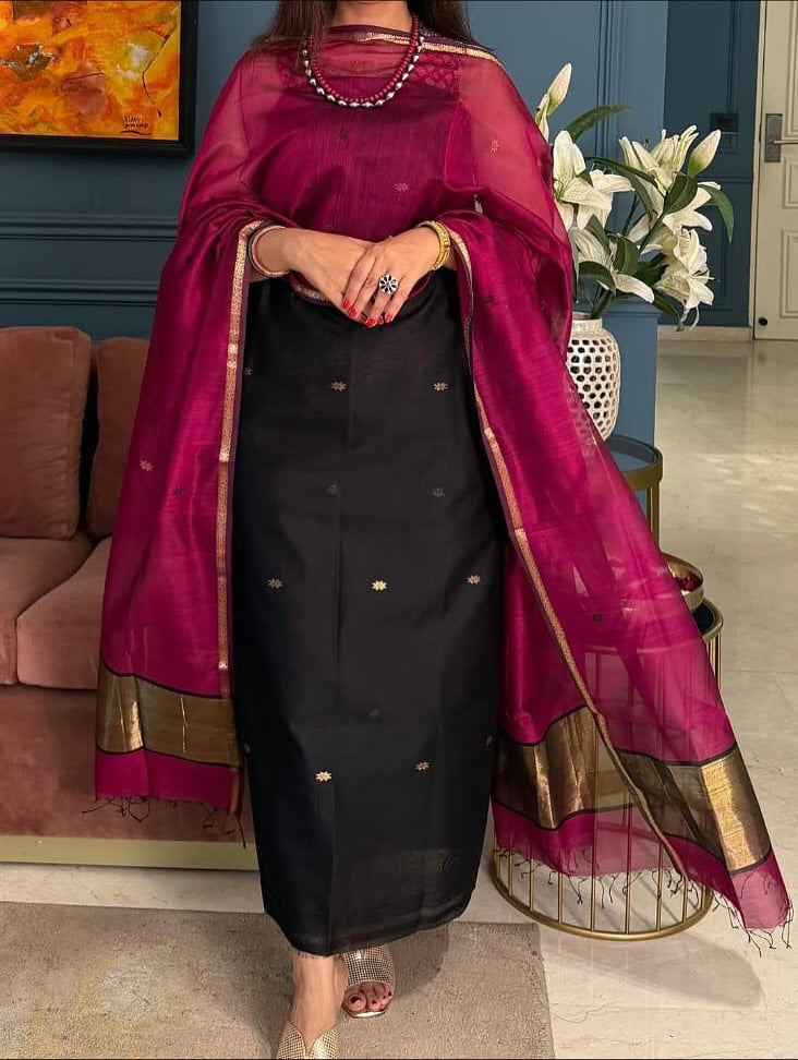 Pure Maheswari Silk Cotton Handwoven Unstitch Suit With Buti