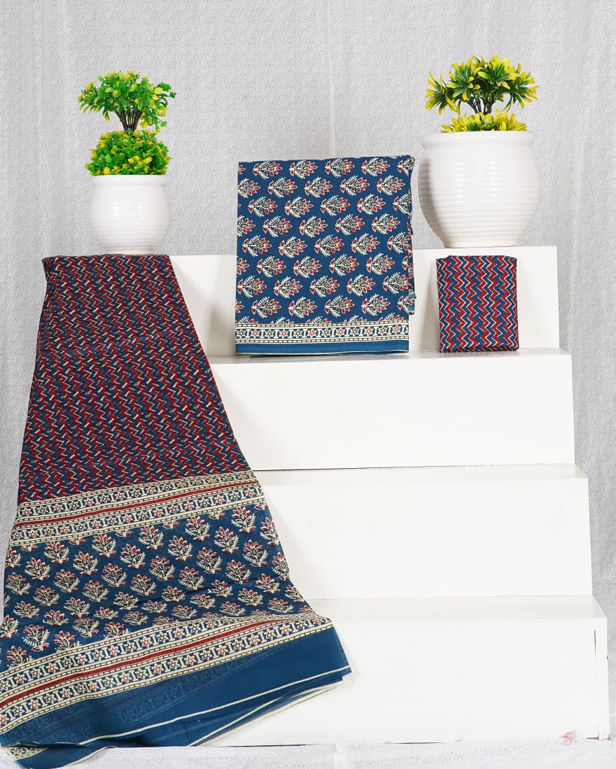 Pure Cotton Hand Block Print Unstitched Suit With Mul Cotton Dupatta.