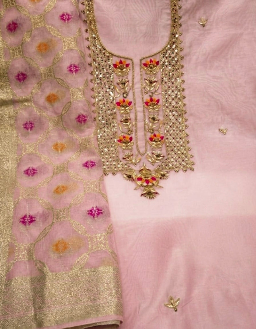 Chanderi Zardoz Work Unstitched Suit With Banarsi dupatta