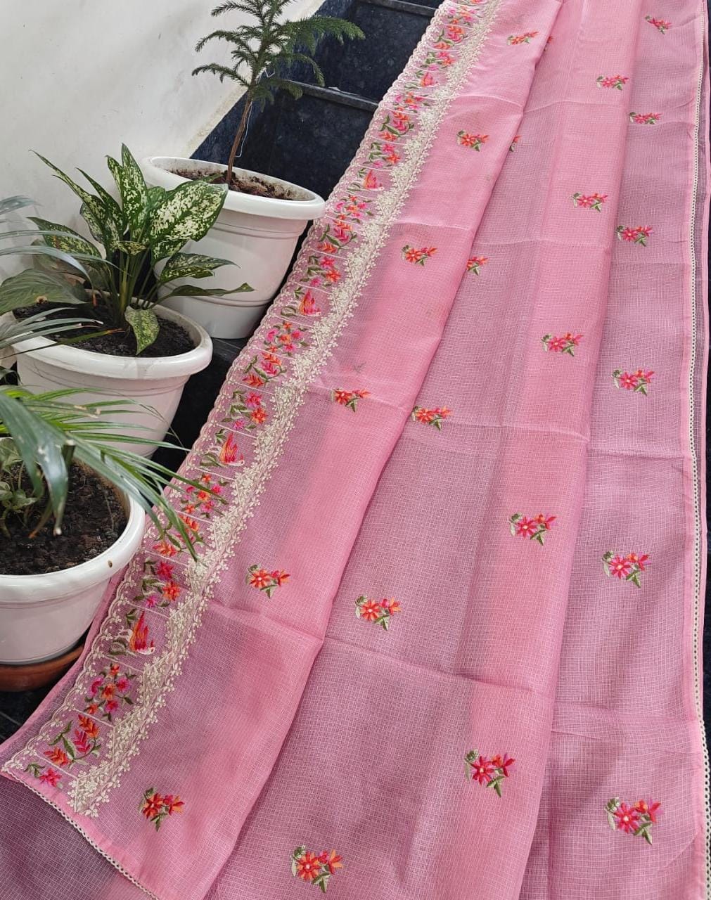 Kota Doria Soft Silk Saree With Embroidery Work