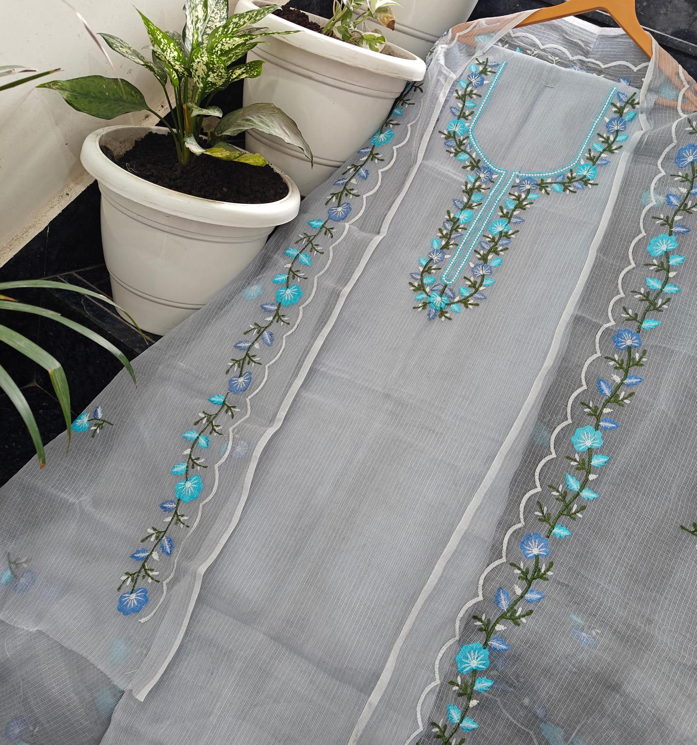 Pure Kota Doriya unstitched suit with embroidery work