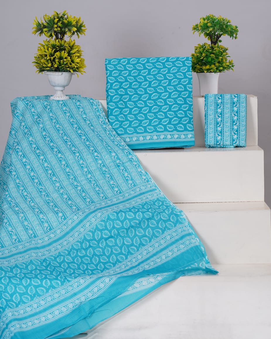 Pure Cotton Jaipuri Hand Block Print Unstitched Suit With Mul Cotton Dupatta.