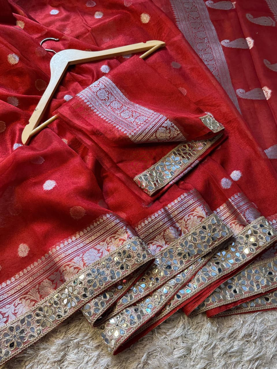 Tissue Silk Saree with Stripe Work and Moti Border