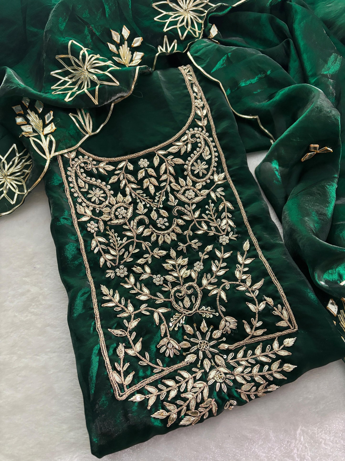 Premium Crush tissue Unstitched Suit Zardogi Work With Gota Patti Duptta