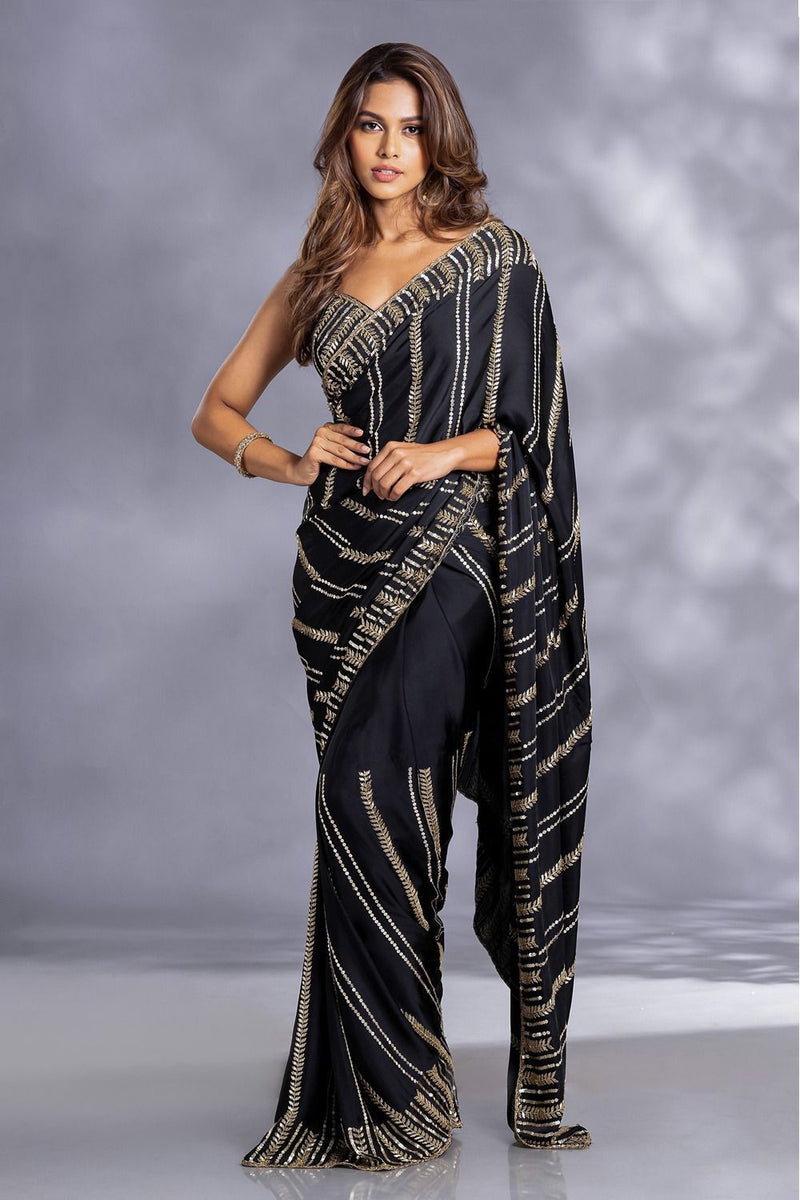 Party Wear Soft Georgette Saree C-Pallu Sequins Embroidery Work With Blouse
