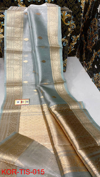 Banarasi Tissue Silk Saree With Zari Booti Weaving Designer Pallu