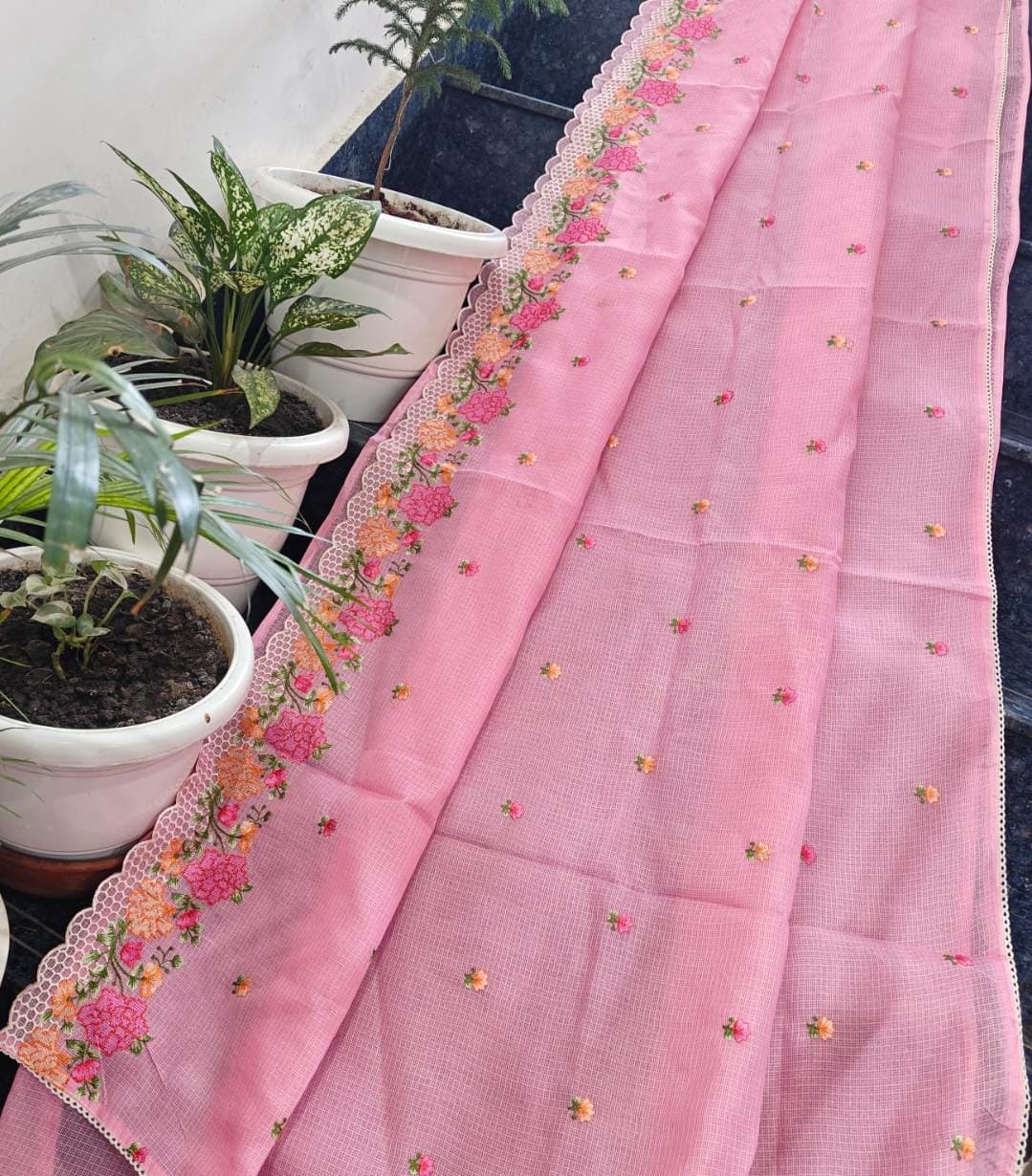 Kota Doria Soft Silk Saree With Embroidery Work