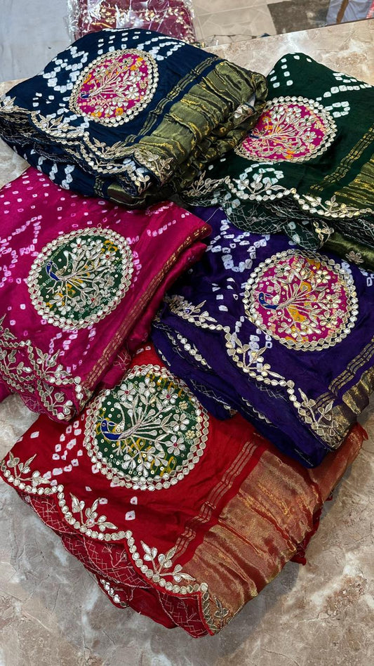 Pure Hand Bandhej Gajji Silk Saree Gota Patti Work With Hand Work Blouse.