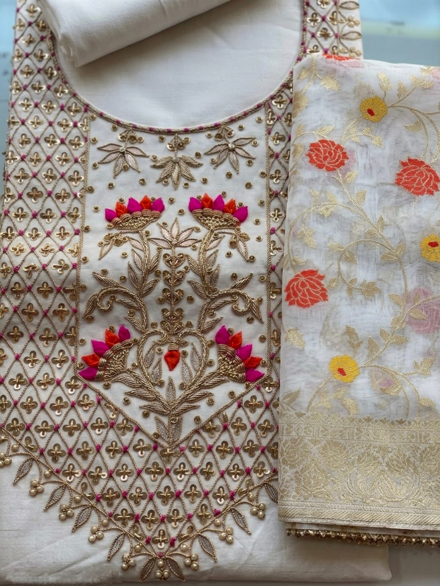 Premium Chanderi Zardozi Work Unstitched Suit With Banarasi dupatta