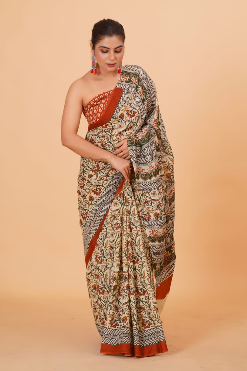 Pure Hand Printed Cotton Sarees With Blouse