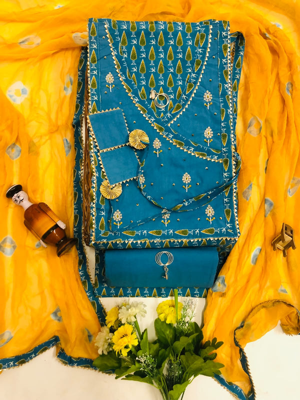 Pure Cotton Angarakha Pattern Unstitched Suit With Chiffon Dupatta.