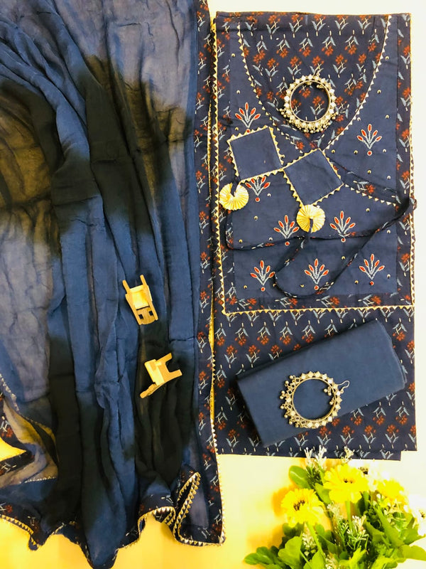 Pure Cotton Angarakha Pattern Unstitched Suit With Chiffon Dupatta.