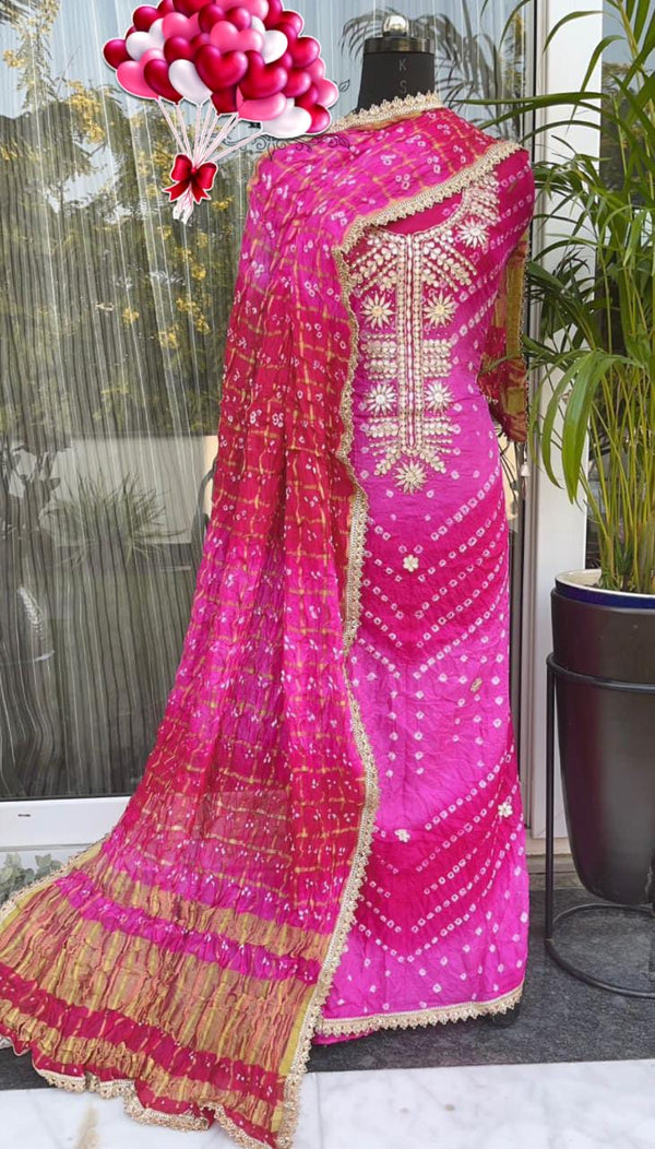Pink color Bandhej Gota Patti Kundan Work Unstitched Suit With Bandhej Gota Patti Work Dupatta