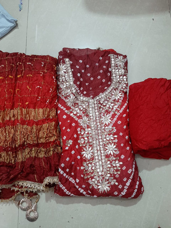 Red Color Bandhej Gota Patti Kundan Work Unstitched Suit With Bandhej Gota Patti Work Dupatta
