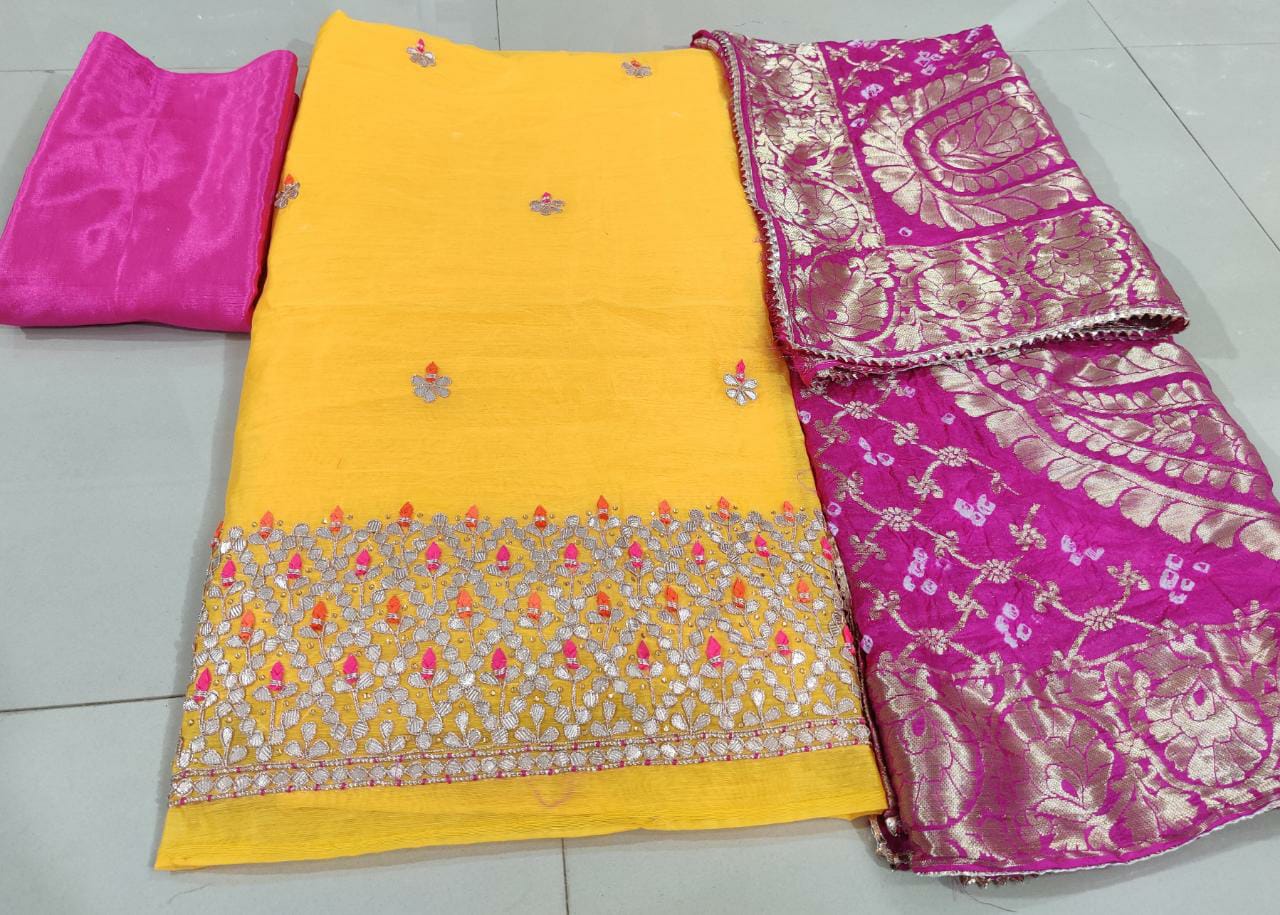 Pure Chanderi Gotta pati Zardozi Work Unstitched Suit With Bandhej Banarasi Silk Dupatta