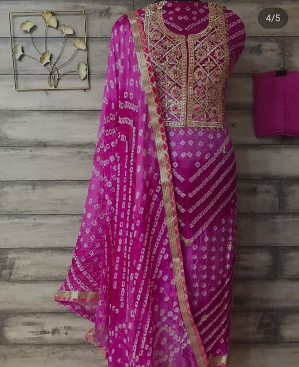 Pink Color Bandhej Gota Patti Kundan Work Unstitched Suit With Bandhej Gota Patti Work Dupatta