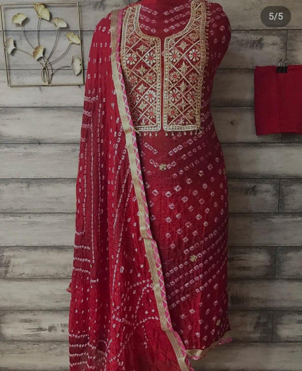 Red Color Bandhej Gota Patti Kundan Work Unstitched Suit With Bandhej Gota Patti Work Dupatta