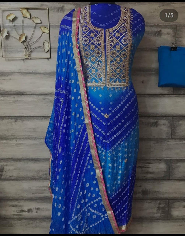 Blue Color Bandhej Gota Patti Kundan Work Unstitched Suit With Bandhej Gota Patti Work Dupatta