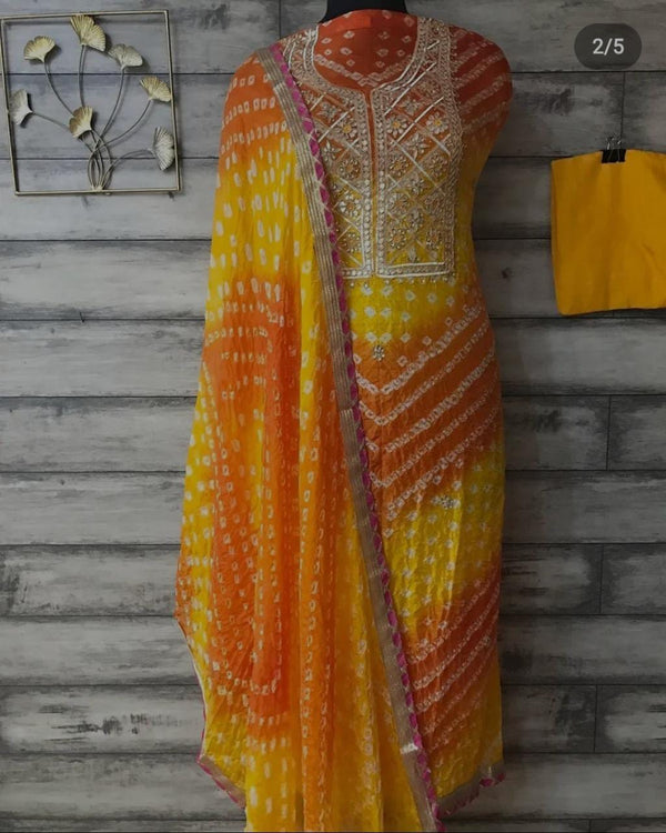 Yellow Color Bandhej Gota Patti Kundan Work Unstitched Suit With Bandhej Gota Patti Work Dupatta