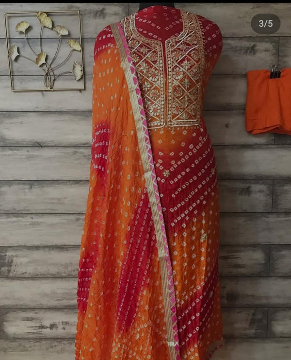 Orange Color Bandhej Gota Patti Kundan Work Unstitched Suit With Bandhej Gota Patti Work Dupatta