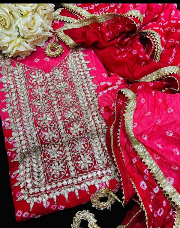 Pink Color Bandhej Gota Patti Kundan Work Unstitched Suit With Bandhej Gota Patti Work Dupatta
