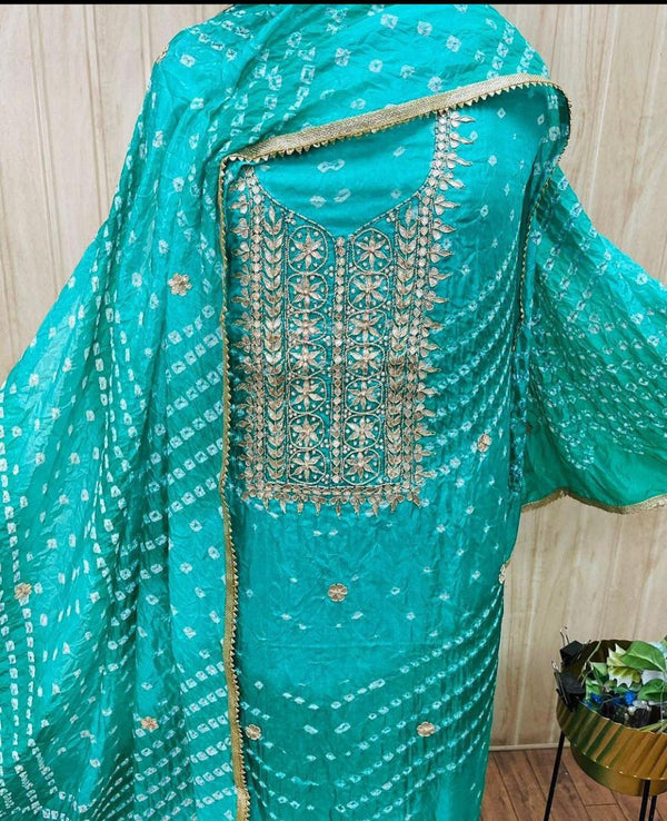 Sky Blue Color Bandhej Gota Patti Kundan Work Unstitched Suit With Bandhej Gota Patti Work Dupatta