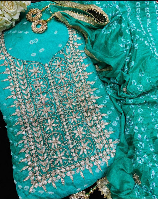 Sky Blue Color Bandhej Gota Patti Kundan Work Unstitched Suit With Bandhej Gota Patti Work Dupatta