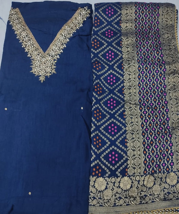 Khaddi Silk Heavy Neck Work Unstitched Suit With Meean Bandhej Dola Silk Dupatta