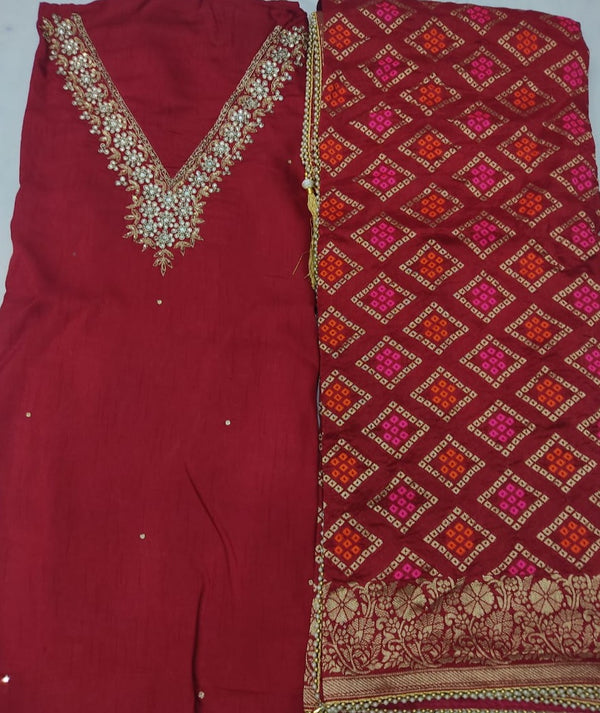 Khaddi Silk Heavy Neck Work Unstitched Suit With Meean Bandhej Dola Silk Dupatta