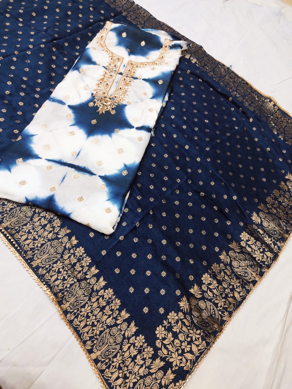 Pure Dola Silk Tai & Day Zardozi Neck Work Unstitched Suit With Dola Silk Dupatta