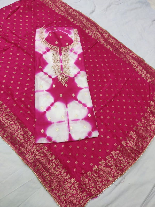 Pure Dola Silk Tai & Day Zardozi Neck Work Unstitched Suit With Dola Silk Dupatta