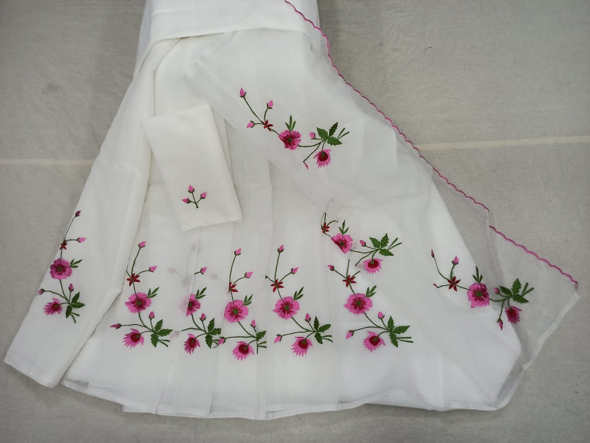 Kota Doria Saree With Embroidery Work