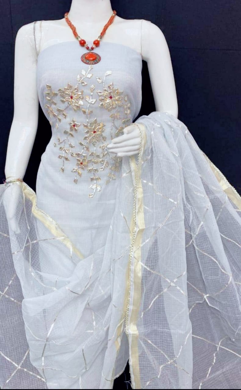 Pure Kota Doriya unstitched suit with gota patti work