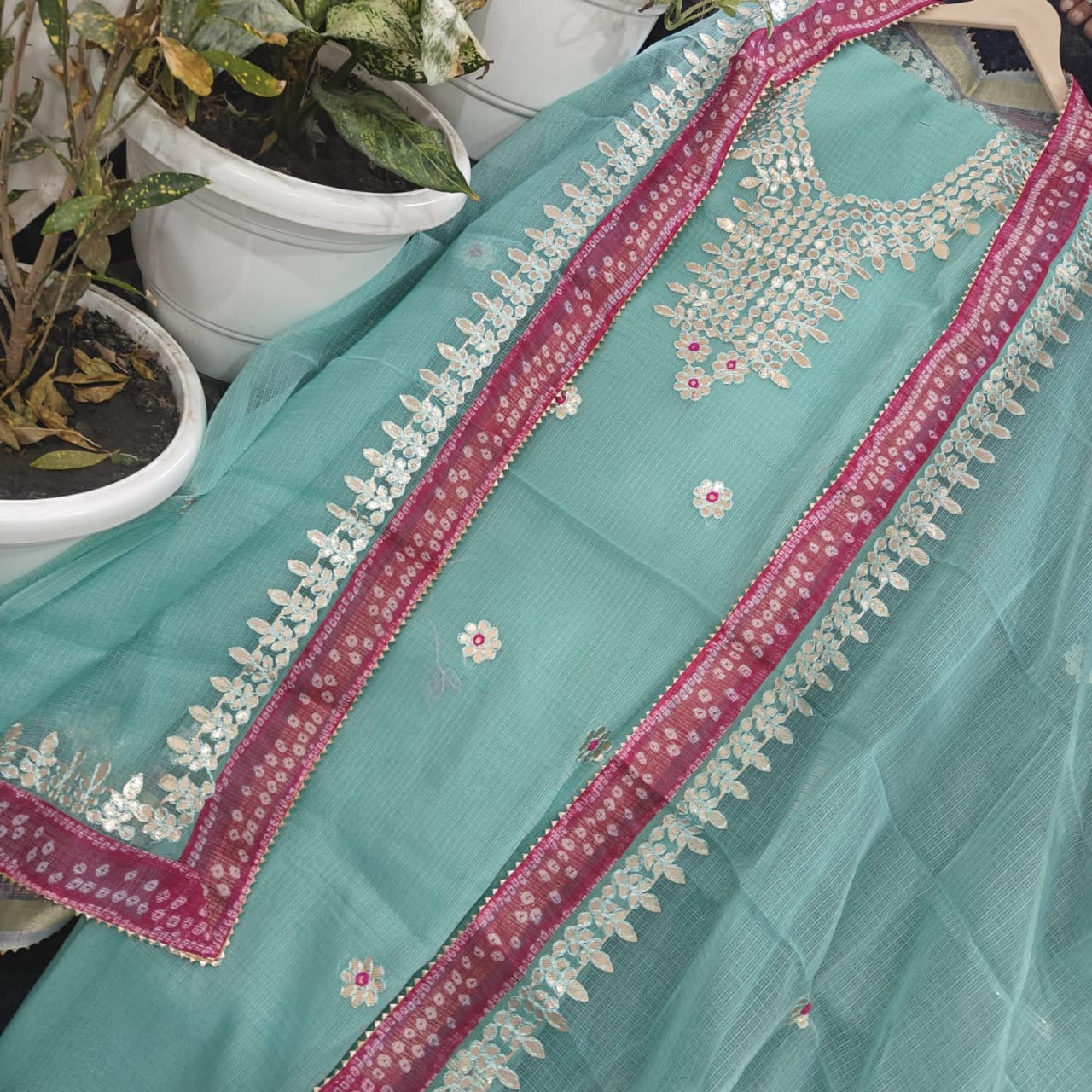 Pure Kota Doriya unstitched suit with gota patti work