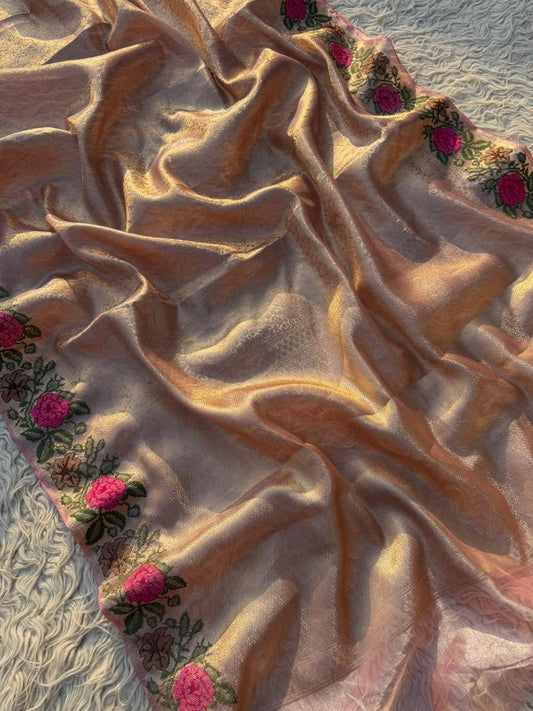 Authentic kanjivaram brocade tissue saree With Cross Stitch Embroidery