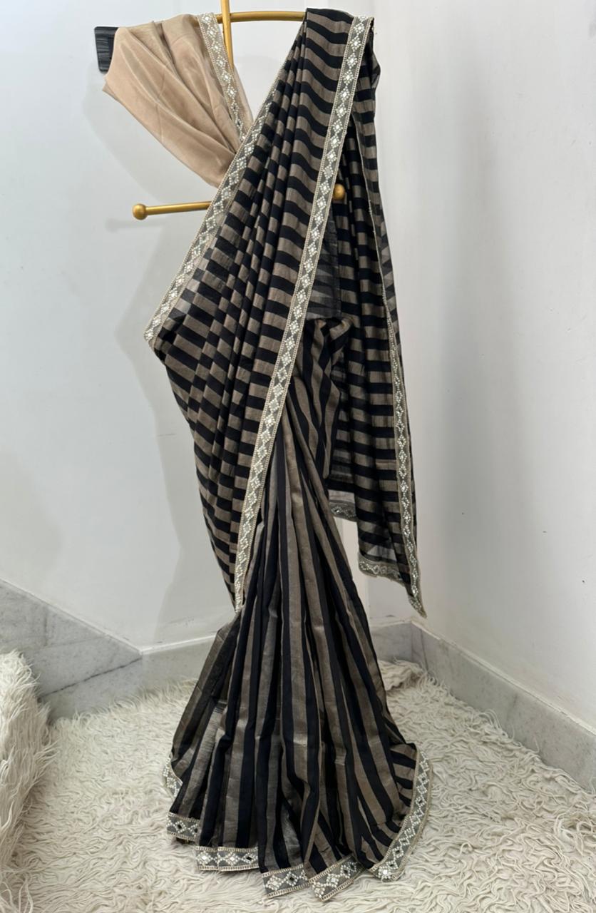 Tissue Silk Saree with Stripe Work and Moti Border